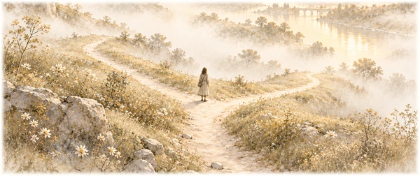 霧に包まれた分かれ道に立ち、遠くの景色を見渡す人の水彩画